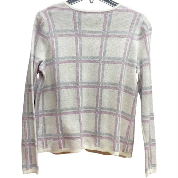 NWT Liz Claiborne White Purple Sparkly Plaid One Button Cardigan Sz PM - Picture 2 of 7